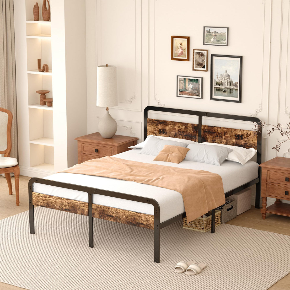 King Size Bed Frame with Wood Headboard and Footboard 14 Inch,