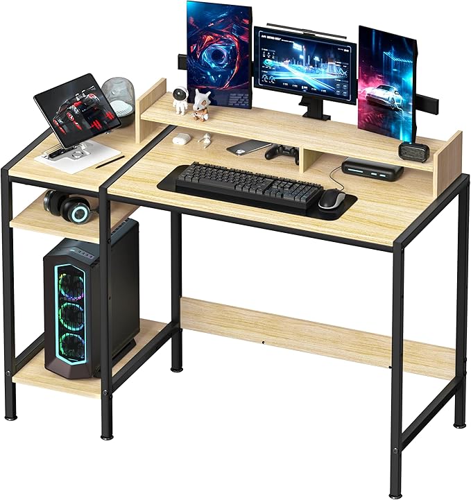 Gaming/Computer Desk - 47” Home Office Small Desk with Monitor Stand, Rustic Writing Desk for 2 Monitors