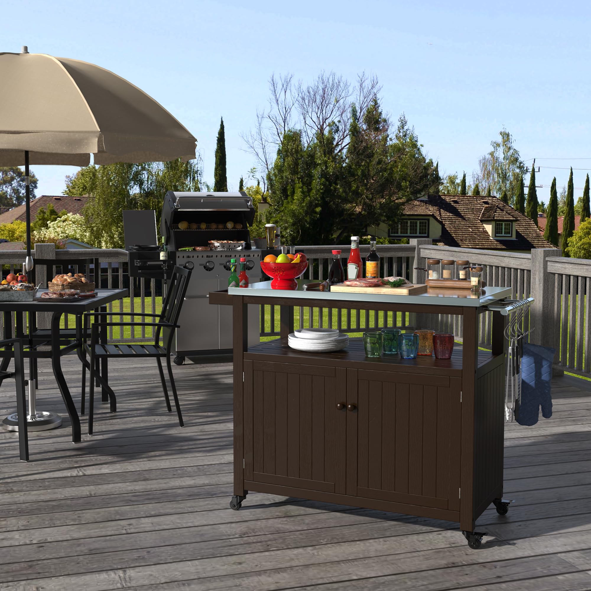 Outdoor Storage Cabinet Solid Wood Prep Grill Table with Stainless Steel Top Waterproof
