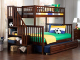 Woodland Staircase Bunk Bed Twin Over Twin with Twin Size Raised Panel Trundle and Attachable USB Charger