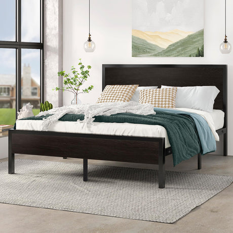 Queen Size Bed Frame with Wood Headboard and Footboard,