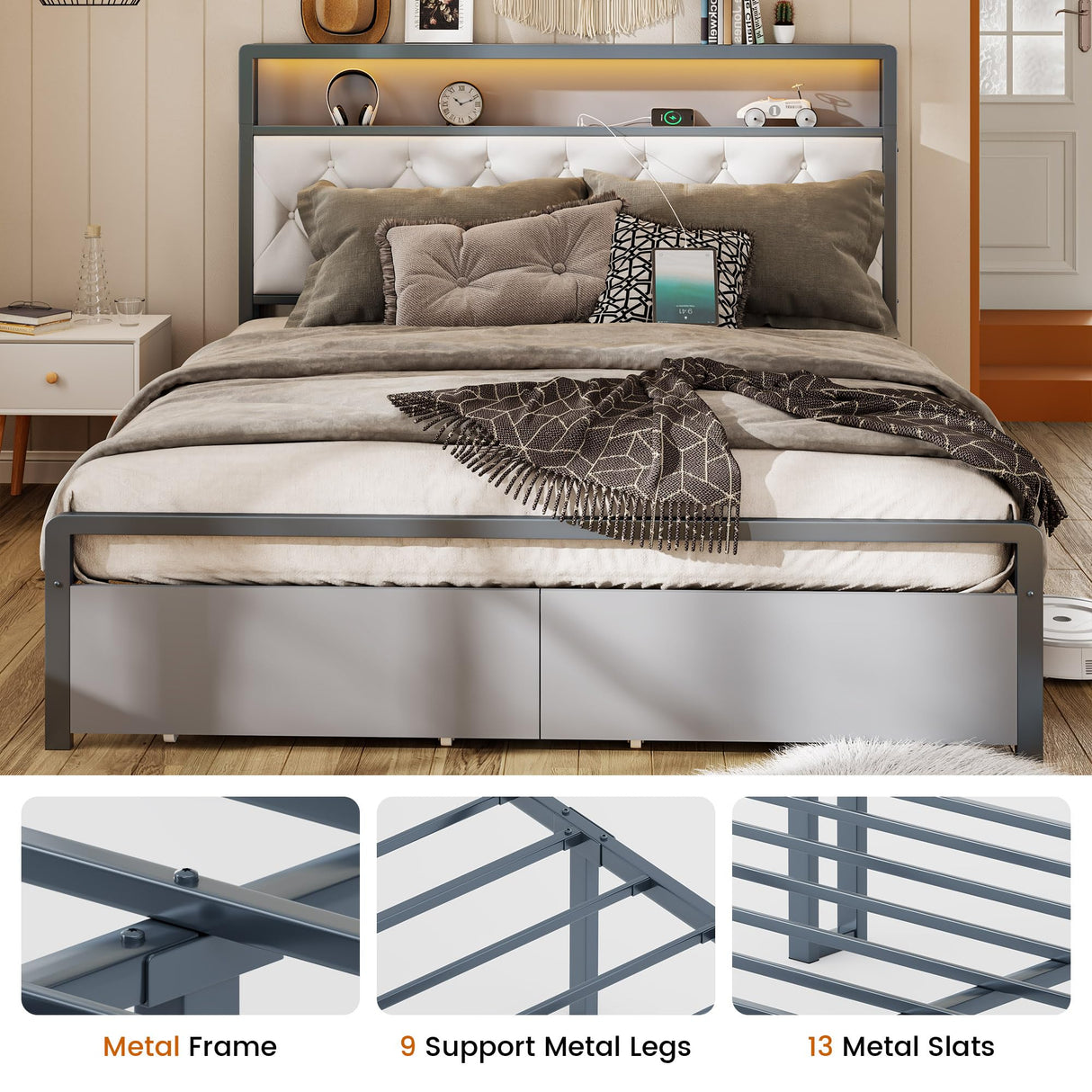 Queen Bed Frame with Upholstered Headboard and Storage,Metal Platform Bed Frame Queen Size with 2 Drawers/LED Lights/Charging Station/Footboard/Metal Slats Support,No Box Spring Needed,Noise Free,Grey