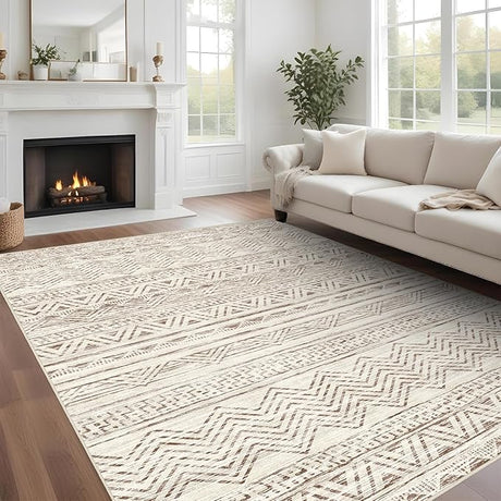 Abstract 8x10 Area Rug: Retro Soft Washable Non-Slip Neutral Area Rugs for Living Room