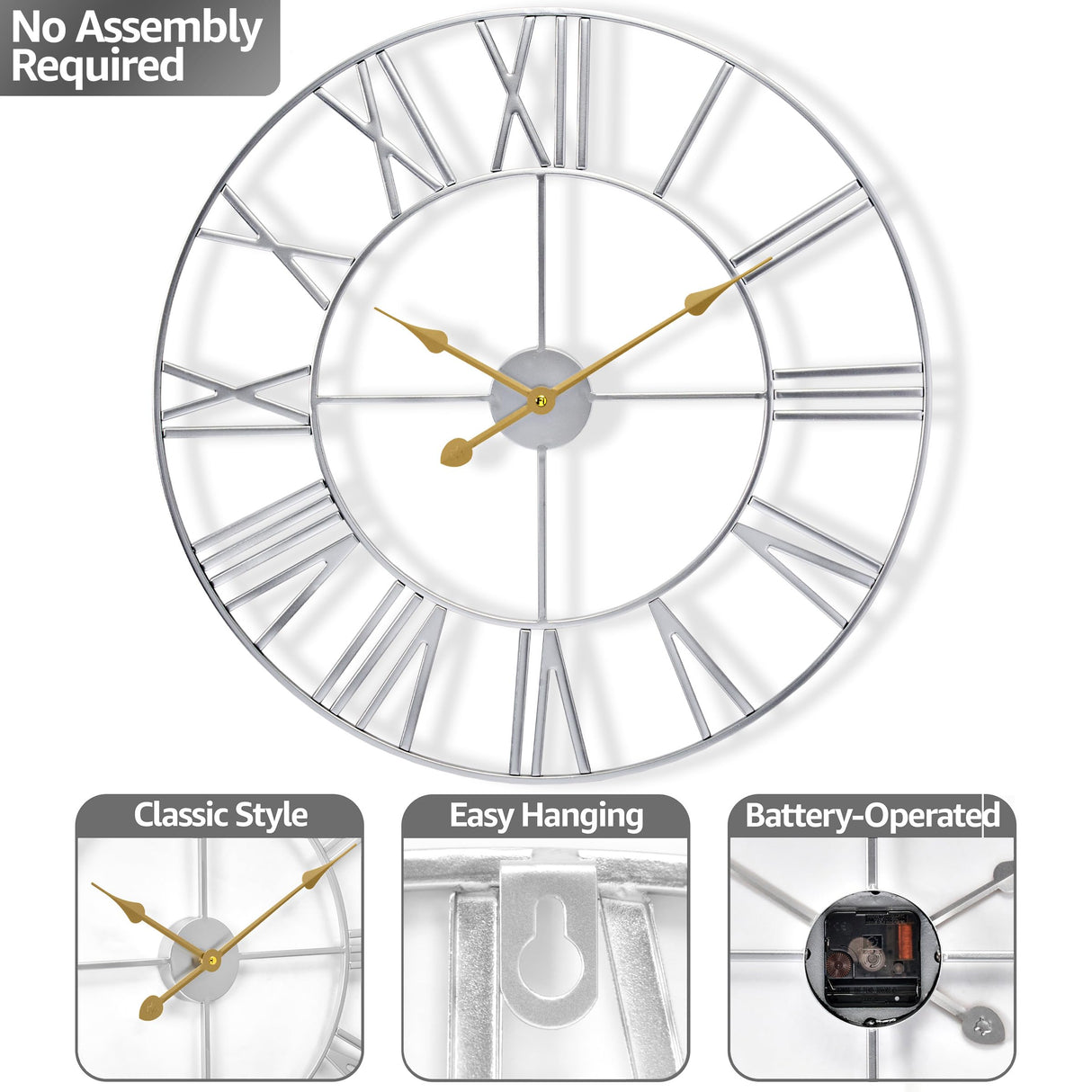 Large Wall Clock for Living Room Decor, (40CM) 16 Inch Wall Clock Decorative, Metal Analog Roman Numeral Wall Clock Modern Wall Clocks - Large Clock Home Decor (Silver)