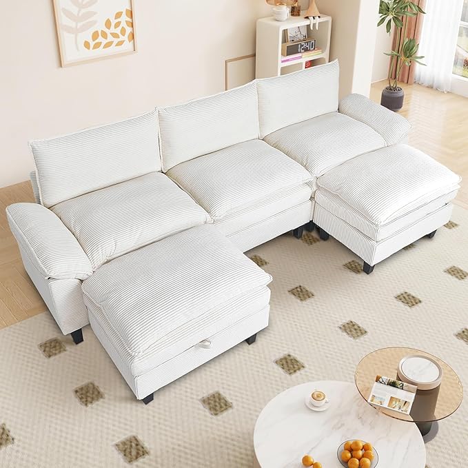L Shaped Modular Sectional Sofa, 118" Corduroy Cloud Sectional Couch