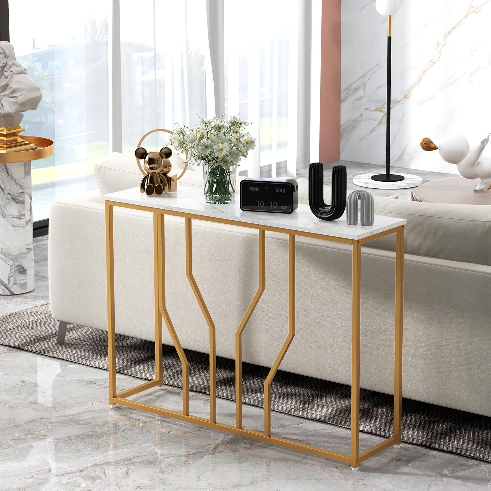 Gold Console Table, 44” Modern Narrow Entryway Table with Faux Marble Tabletop