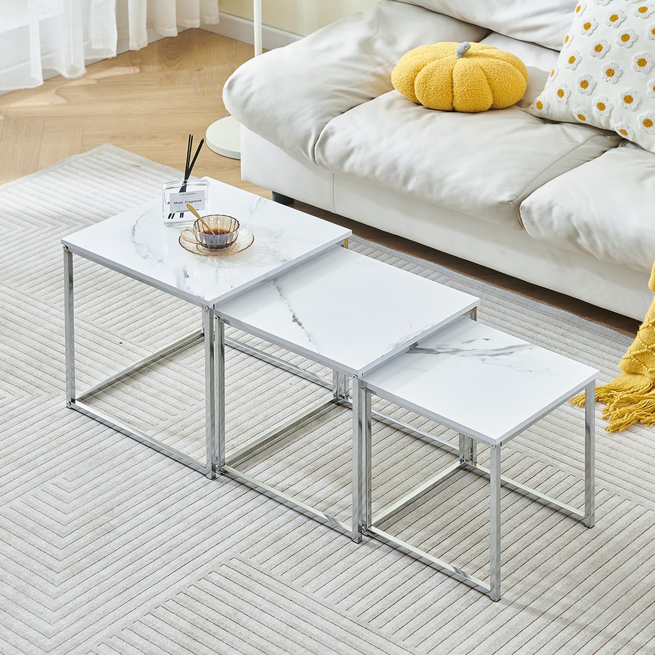 Set of 3 Square End Table Side Table Nesting Nightstand Chrome Finish Contemporary Furniture Home Living Room
