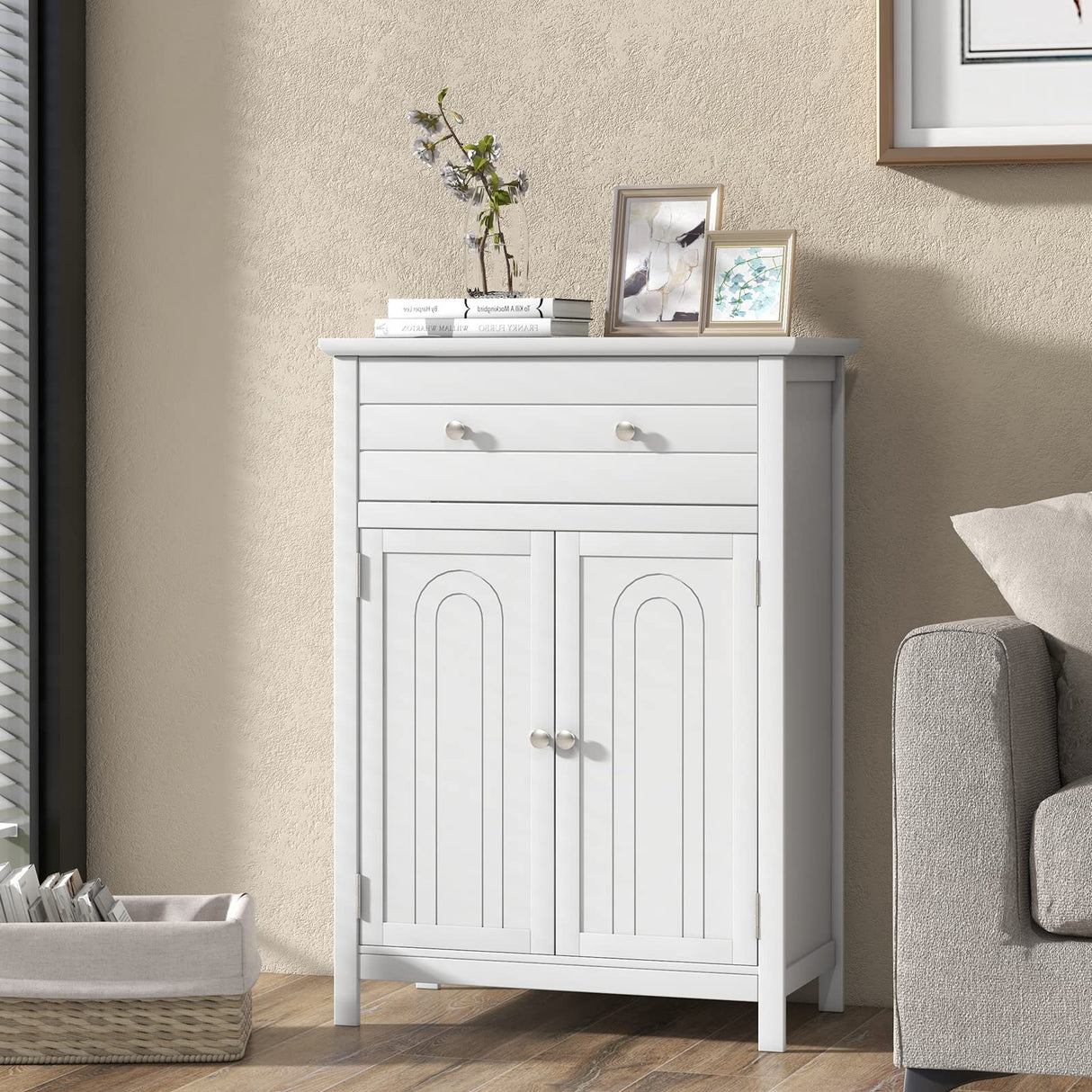 White Bathroom Cabinet, Freestanding Wooden Storage Cabinet w/Large Drawer & Cabinet,