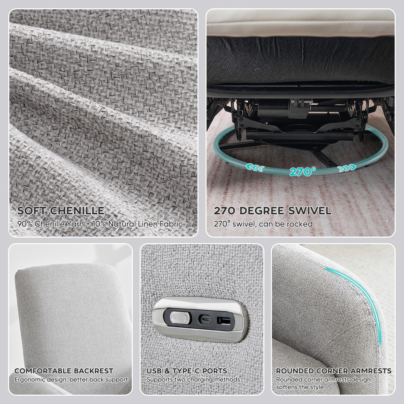 VivaRest Swivel Rocker Recliner with USB-C & Wing Back Support