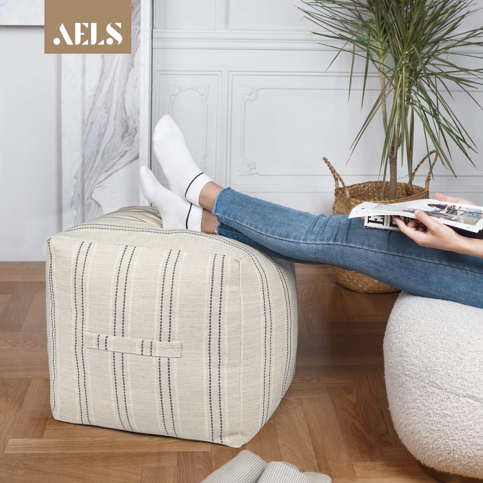 Farmhouse Pouf Cover for Living Room, Boho Storage Bean Bag Cubes, Beige with Gray