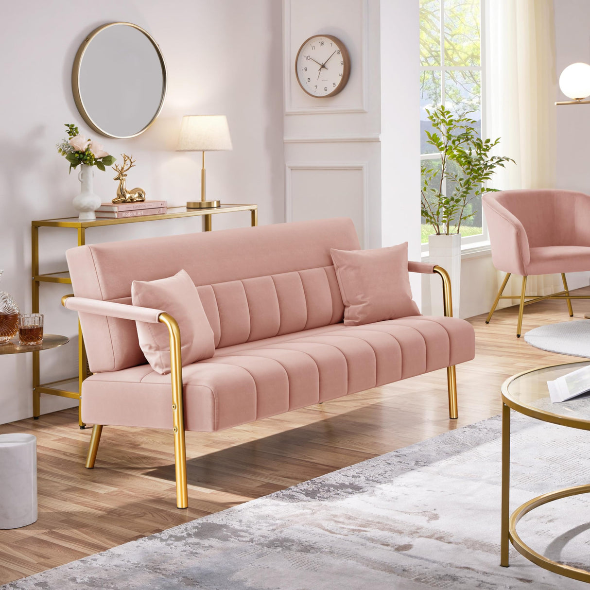 56.5" W Modern Loveseat 2 Seater Sofa Luxurious Velvet Fabric Couch with Gold-Tone Metal Arms and Legs for Living Room, Home Office, Studio Pink