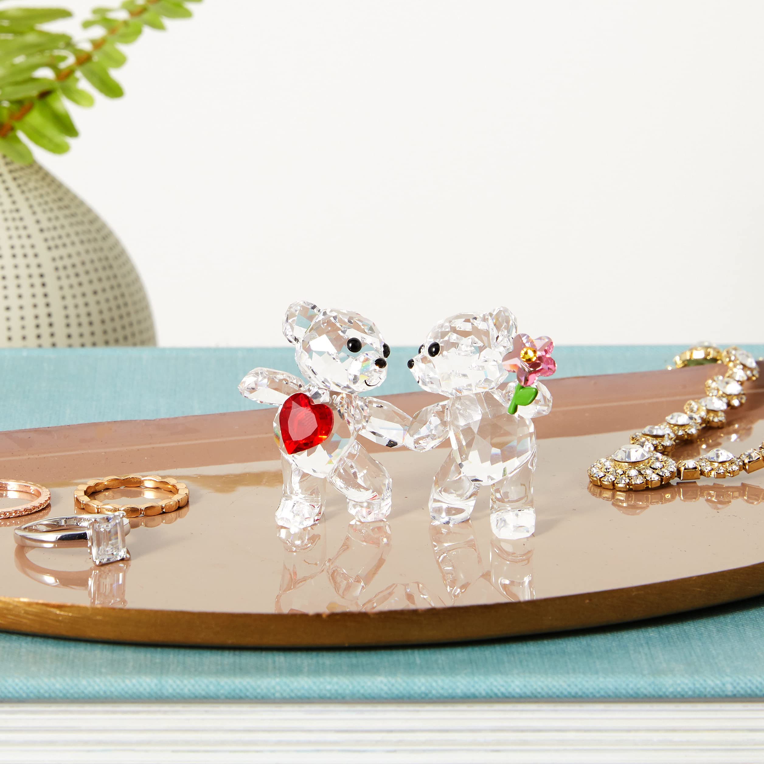 Kris Bears Happy Together Figurine Set, Clear Swarovski Crystal with a Red Heart and Pink Flower Accent