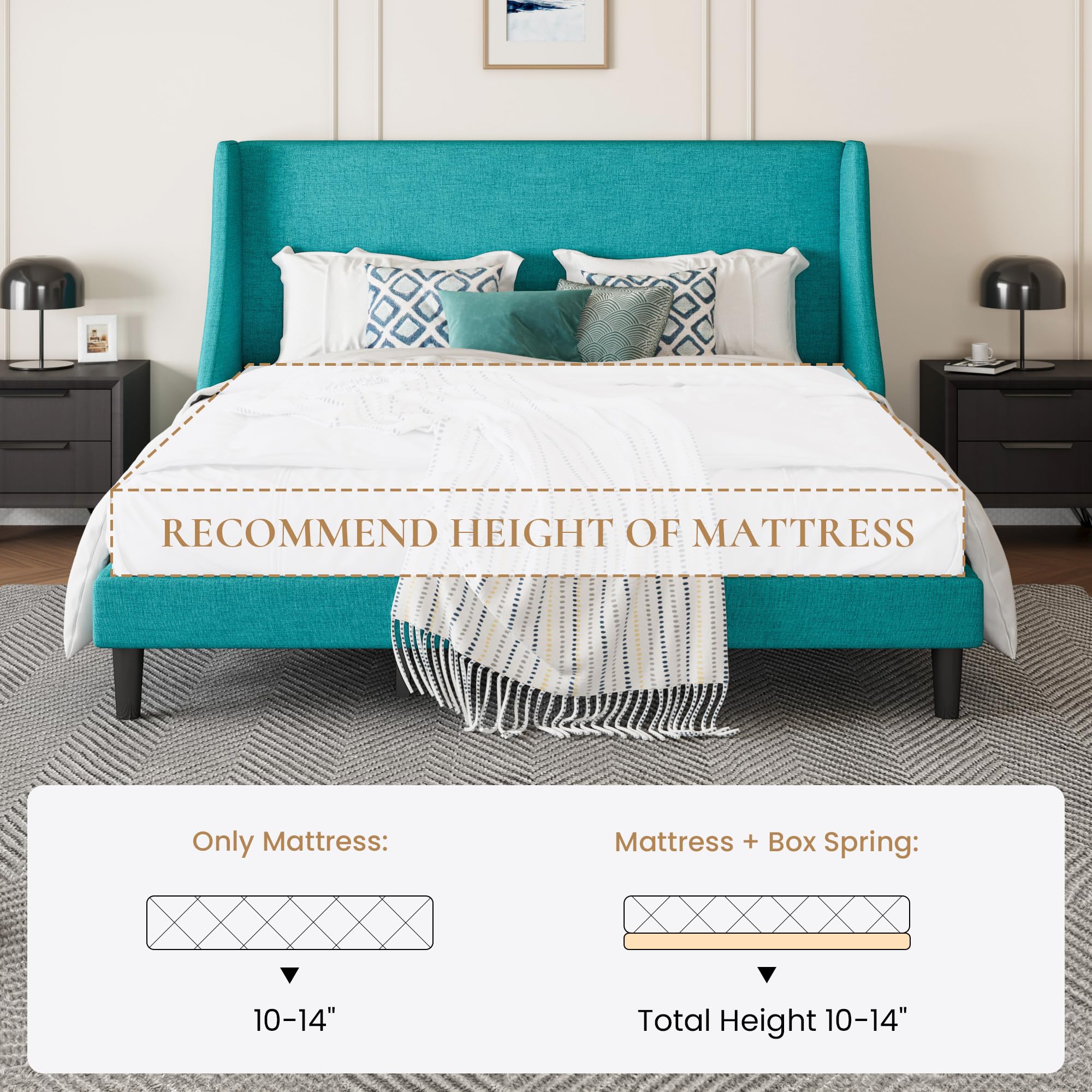 Upholstered Bed Frame King Size with Streamlined Wingback Headboard