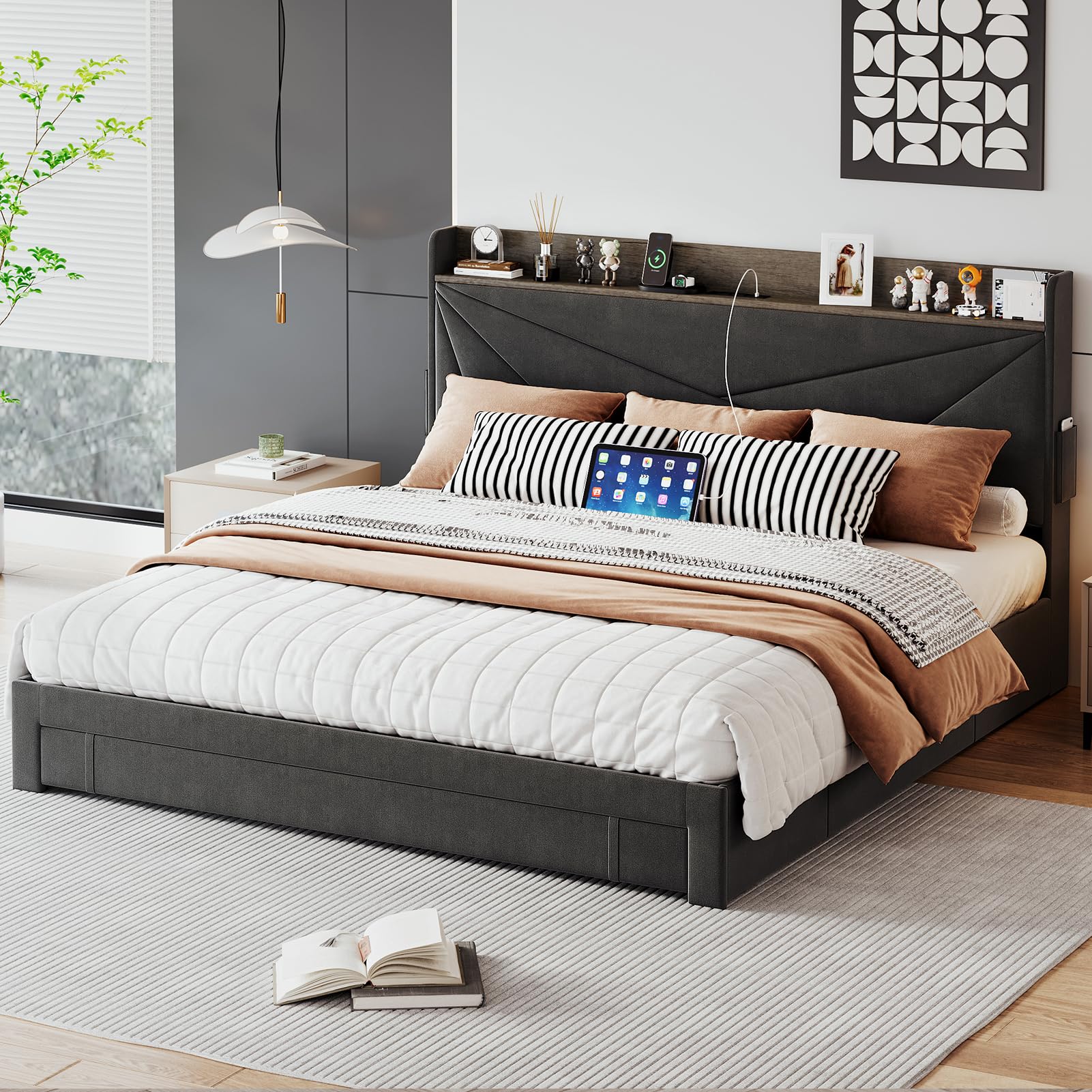 King Size Bed Frame with Storage and Headboard, Upholstered Queen Bed Frame
