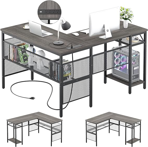 L Shaped Desk with USB Charging Port and Power Outlet