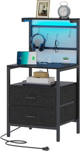 Tall Nightstand with Charging Station and LED Lights, Night Stand with Fabric Drawers,