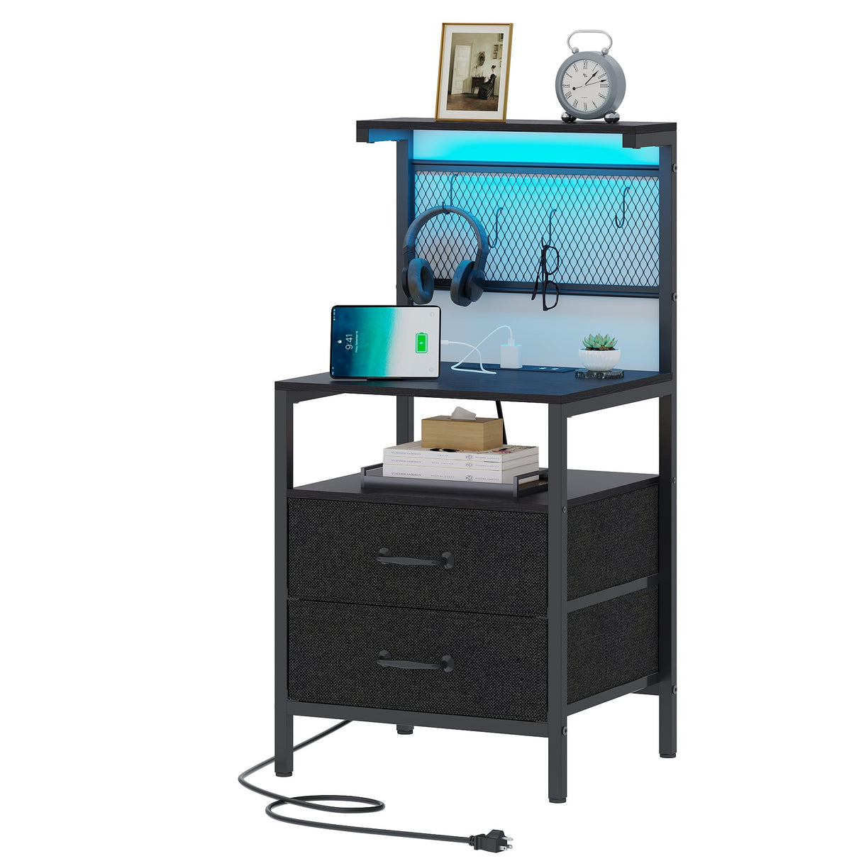 Tall Nightstand with Charging Station and LED Lights, Night Stand with Fabric Drawers,