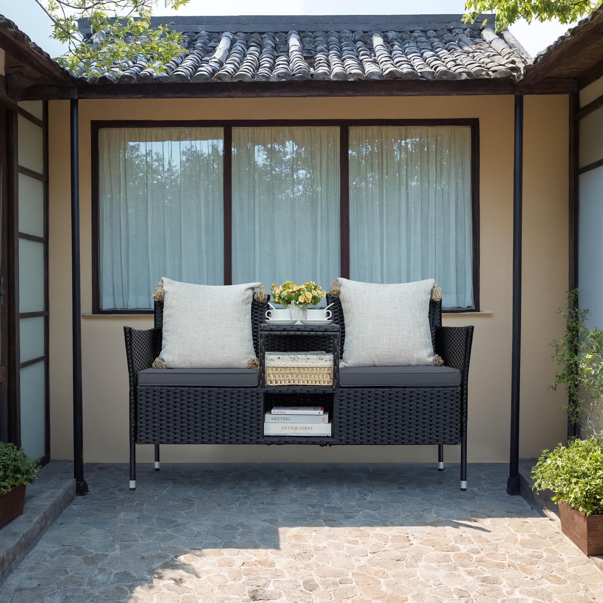 Patio Loveseat Outdoor Wicker Furniture Conversation Set with Soft Cushions & Built-in