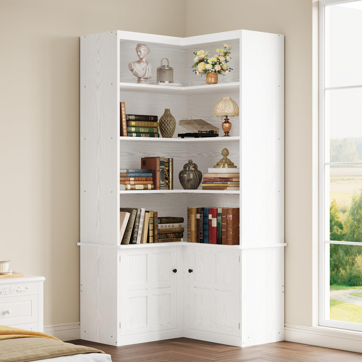 Corner Bookshelf with Doors, 6 Tier Bookcase with Storage, Corner Shelf with Cabinet