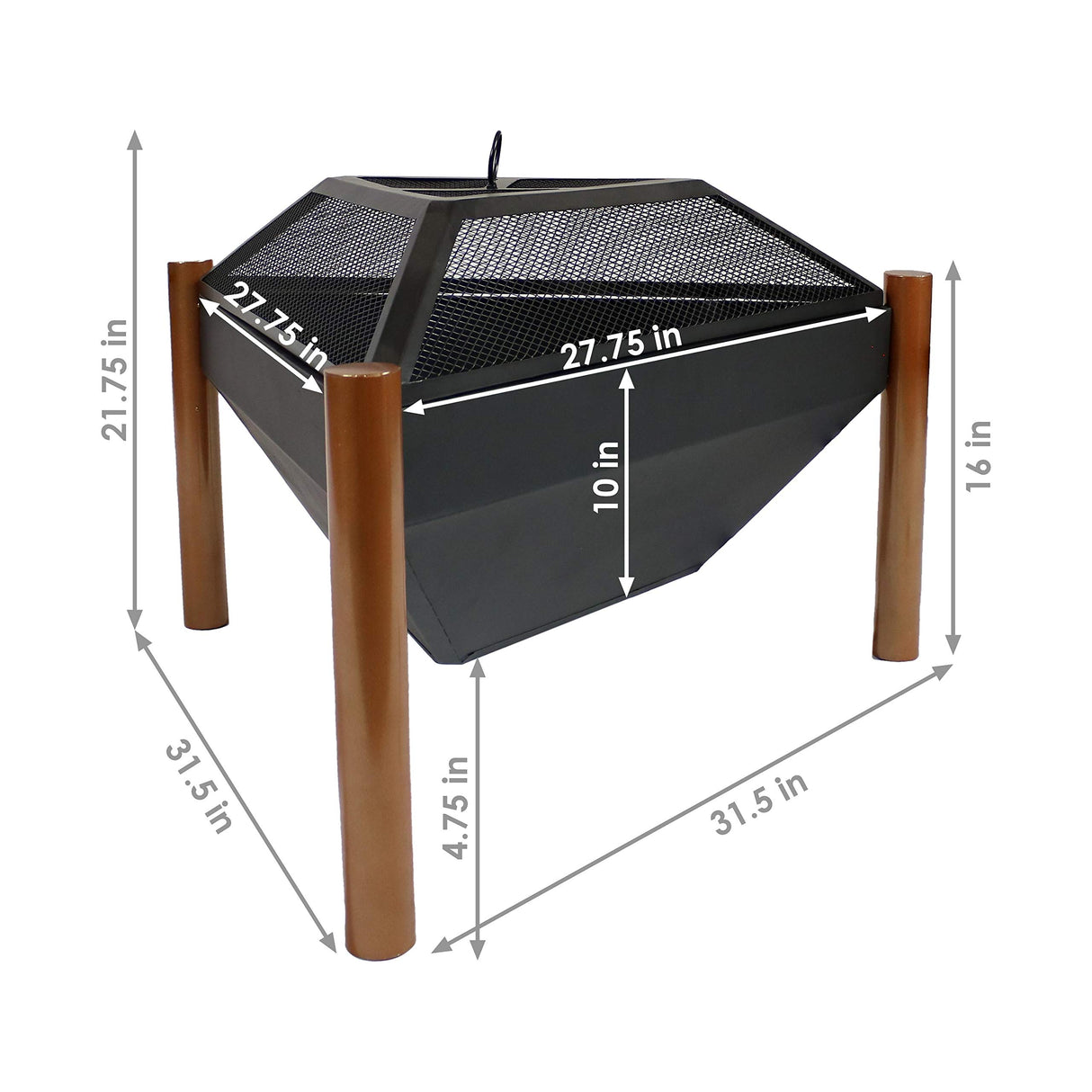 Sunnydaze 31-Inch Steel Wood-Burning Triangle Fire Pit/Side Table - Log Grate, Poker and Spark Screen - Copper Finish