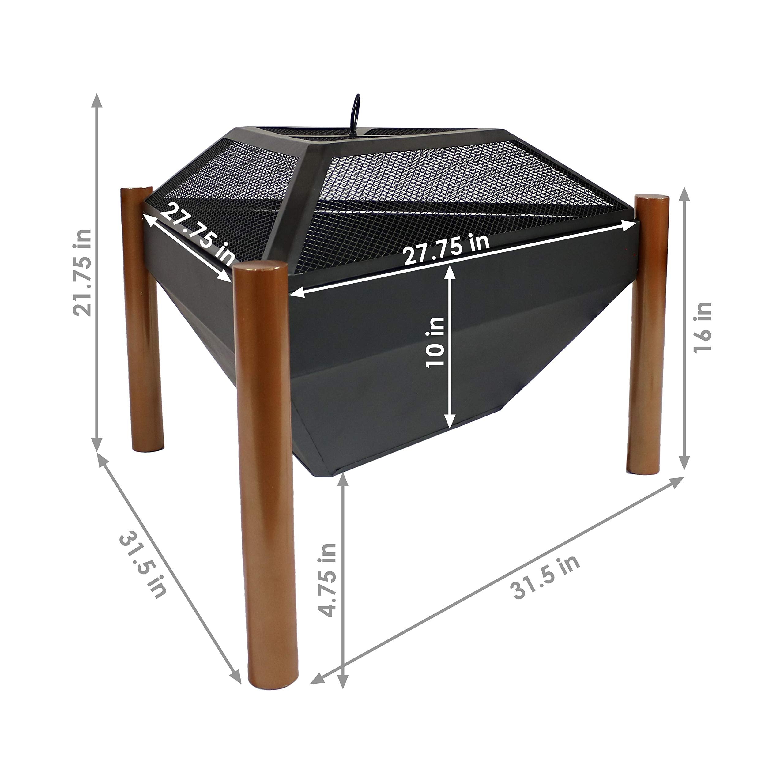 Sunnydaze 31-Inch Steel Wood-Burning Triangle Fire Pit/Side Table - Log Grate, Poker and Spark Screen - Copper Finish