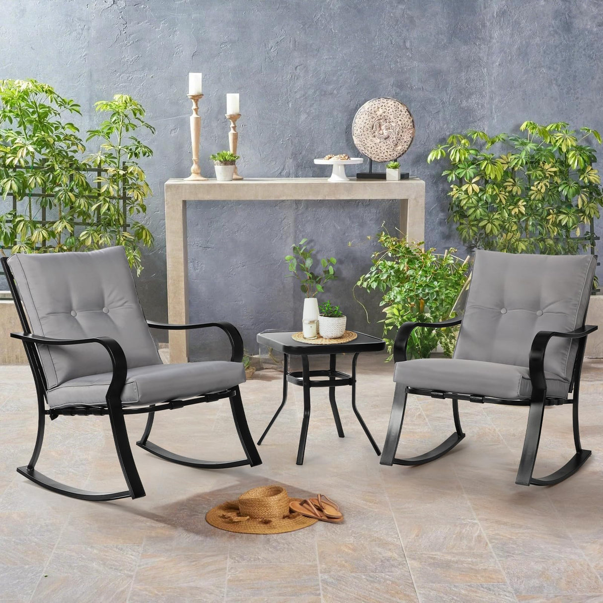 3-Piece Outdoor Rocking Chairs Bistro Set, Black Iron Patio Furniture