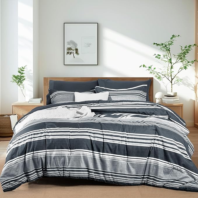 7 Pieces Queen Comforter Set, Striped Bed in A Bag, Charcoal Grey Stripe Comforter