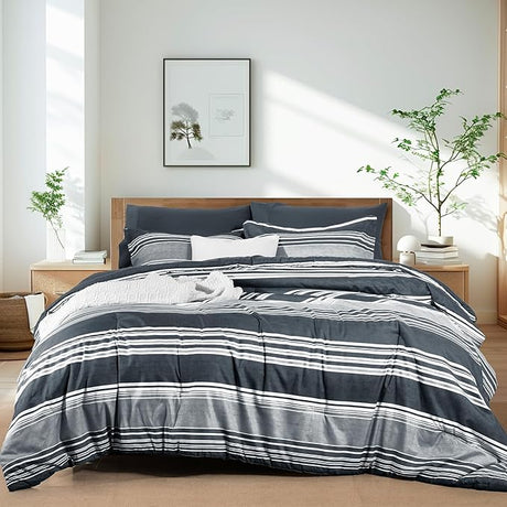 7 Pieces Queen Comforter Set, Striped Bed in A Bag, Charcoal Grey Stripe Comforter