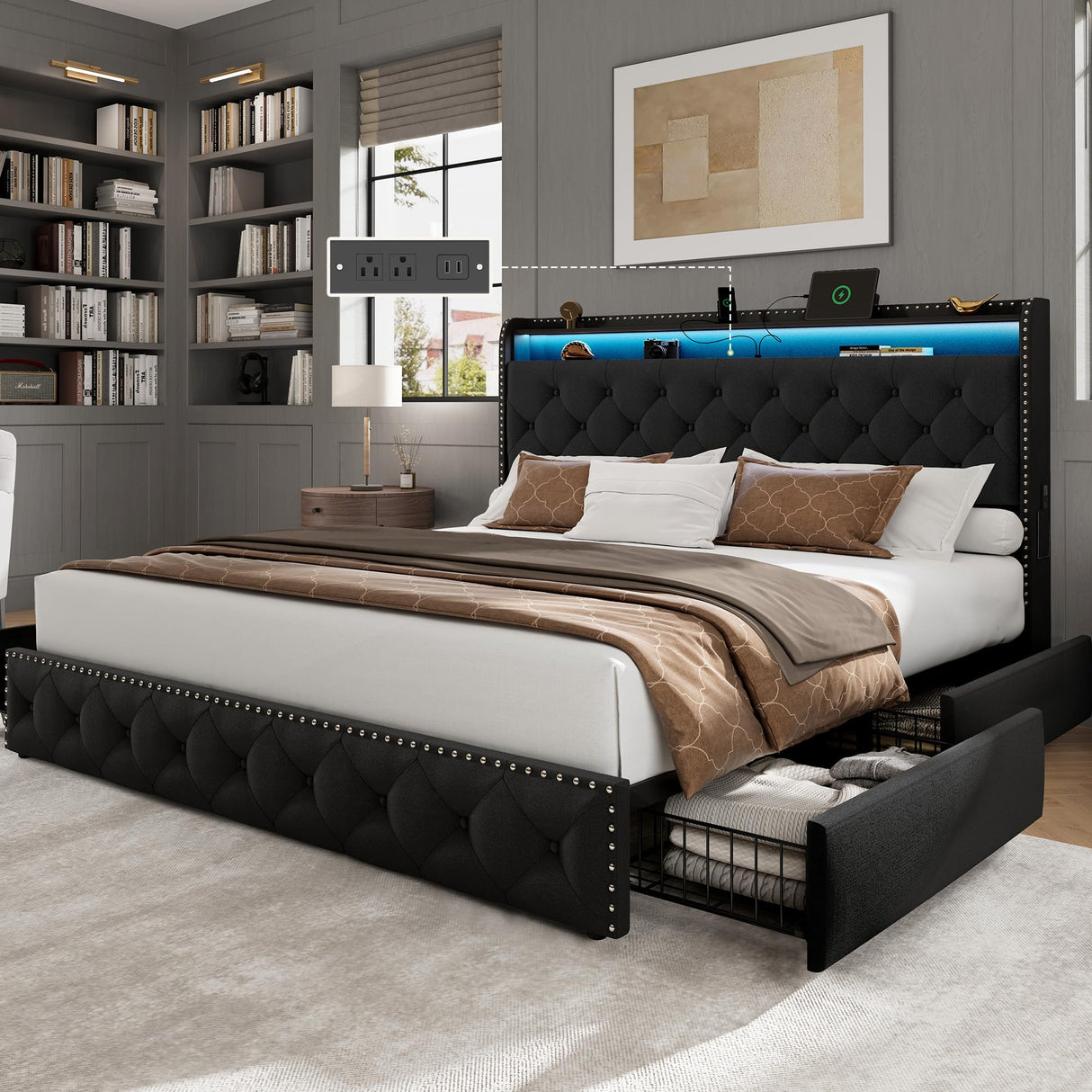 King Size Bed Frame with LED Lights & USB Charging Station