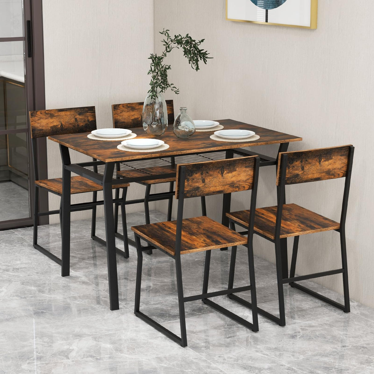 Dining Table Set for 4, 47”L x 28”W Rectangular Kitchen Table w/ 4 Trapezoid Chairs,