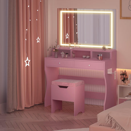 Vanity Desk with LED Lighted Mirror and Power Outlet, Makeup Table with 4 Drawers