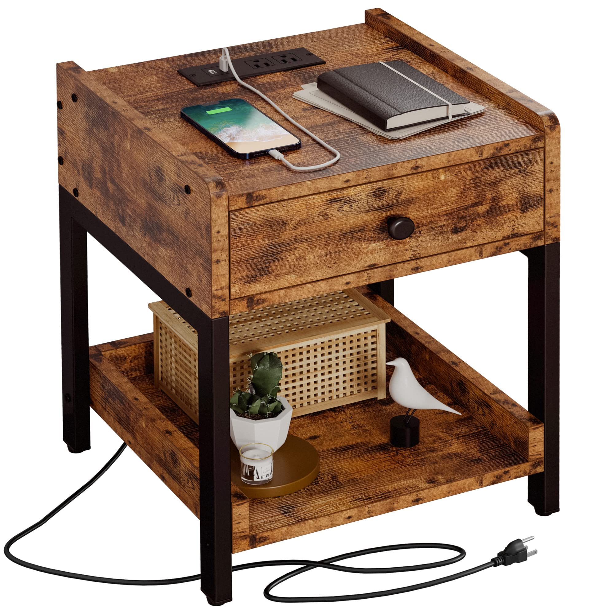 Nightstand, Bedside Table with Charging Station, Small End Table with Storage Drawer