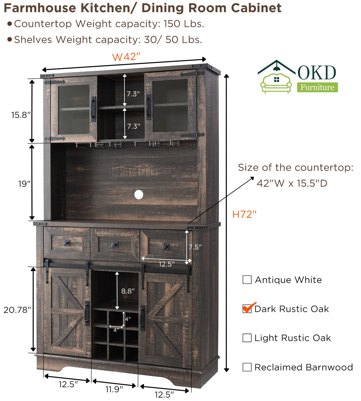 72" Farmhosue Bar Cabinet with Sliding Barn Door, Large Kitchen Buffet