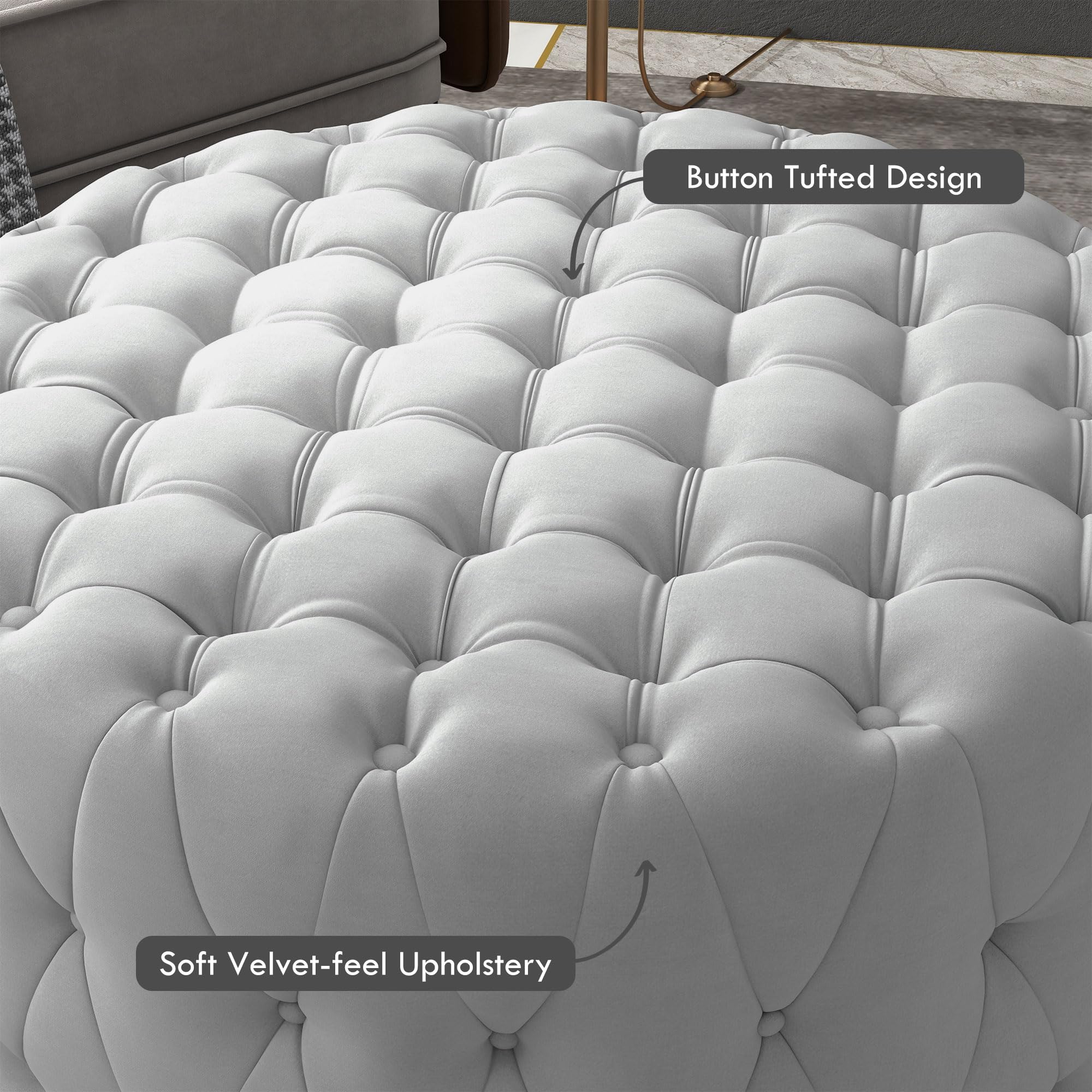 31.5" Round Ottoman, Large Velvet-Feel Upholstered Foot Stool