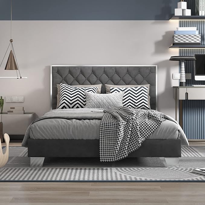 Lodi Velvet Upholstered Full Bed in Navy Blue