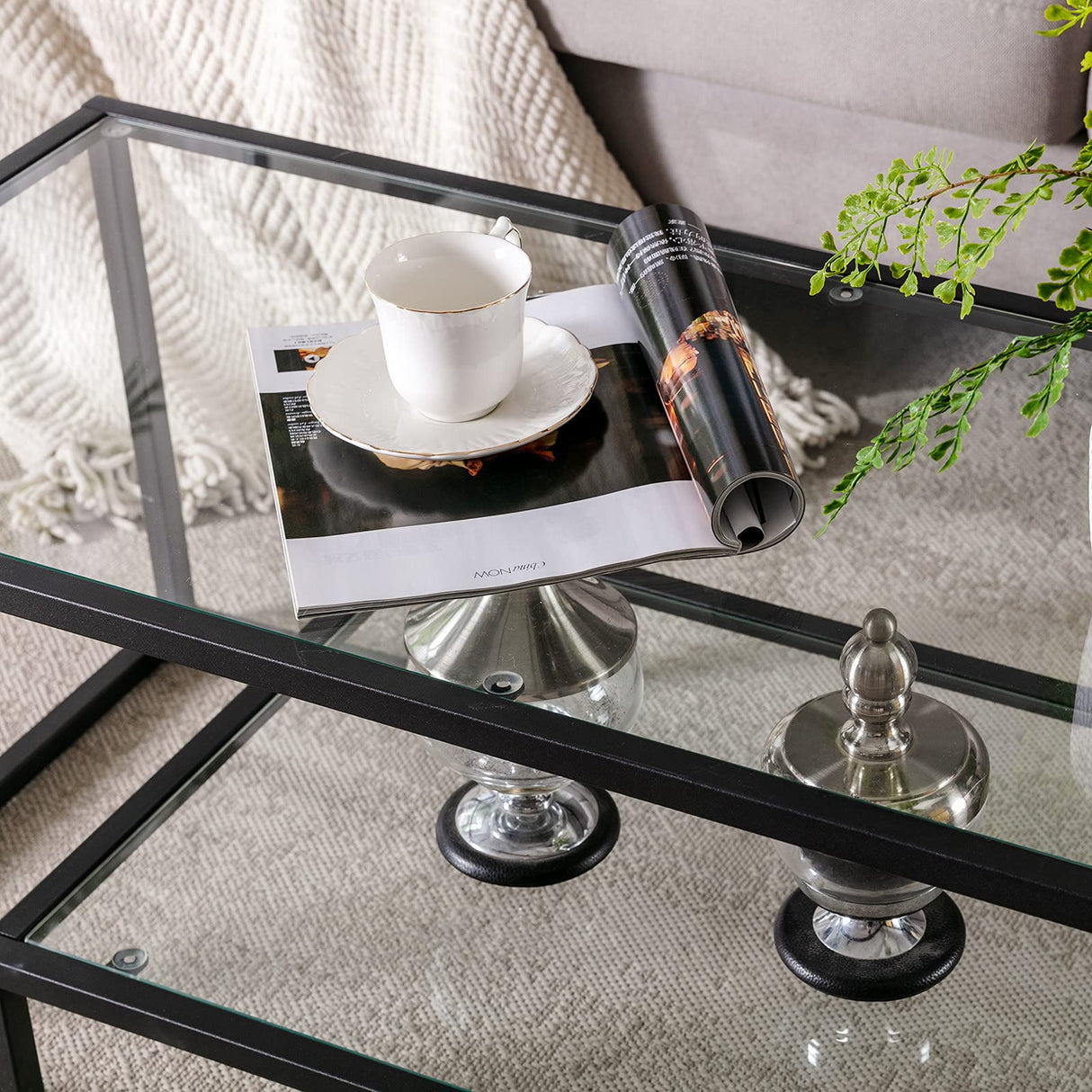 Metal Glass Coffee Table, Black Accent Modern Tempered Glass Side Table