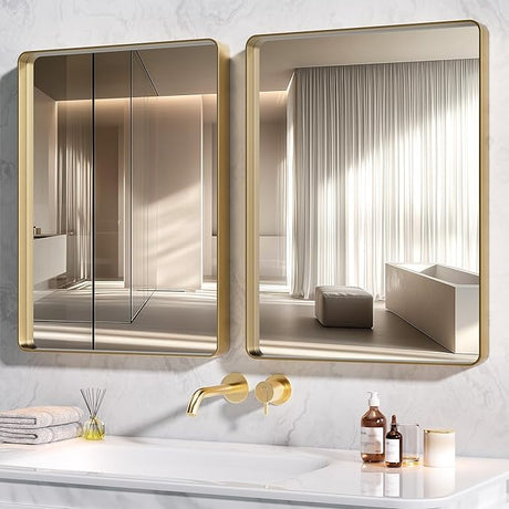 Brushed Silver Bathroom Mirror for Wall, 55 x 30 Inch Metal Framed Bathroom Mirrors