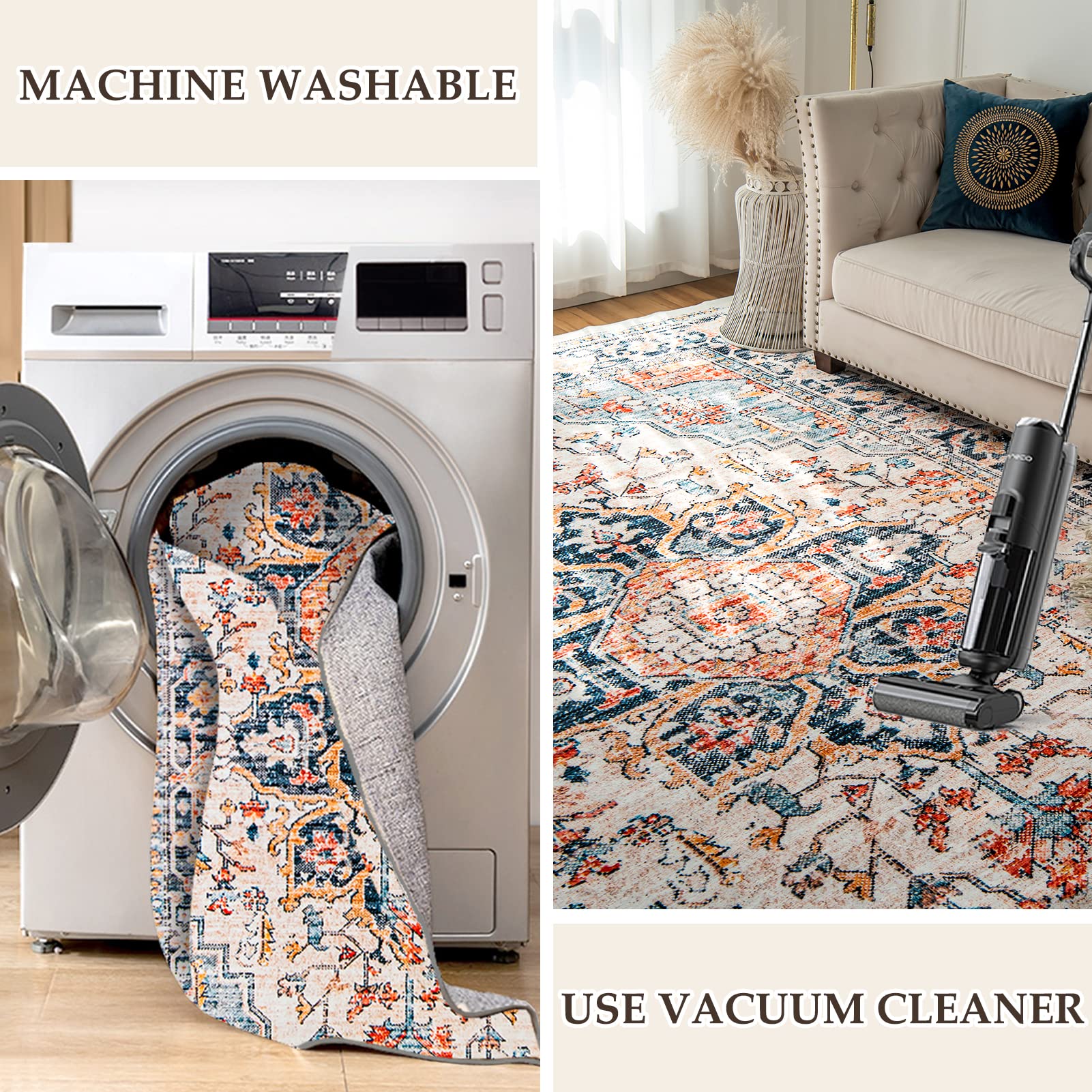 VK VK·LIVING Machine Washable Rug 9'x12' Vintage Design Washable Area Rugs with Non Slip Rugs for Living Room Bedroom Traditional Woven Rug Carpet Stain Resistant,Rug Decor Office Boho Rug,Blue&Orange