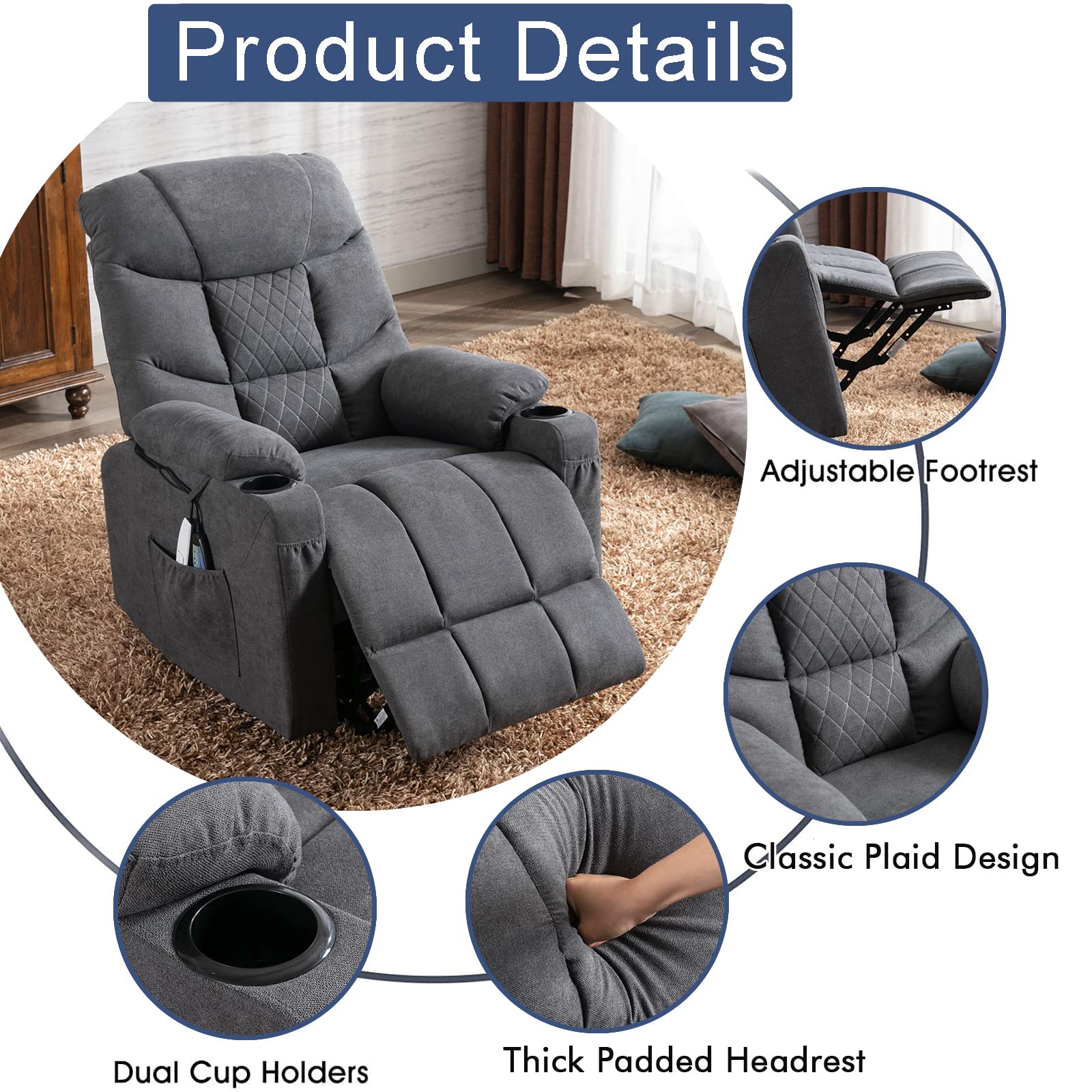 EaseRise Power Lift Recliner with Massage, Heat & USB