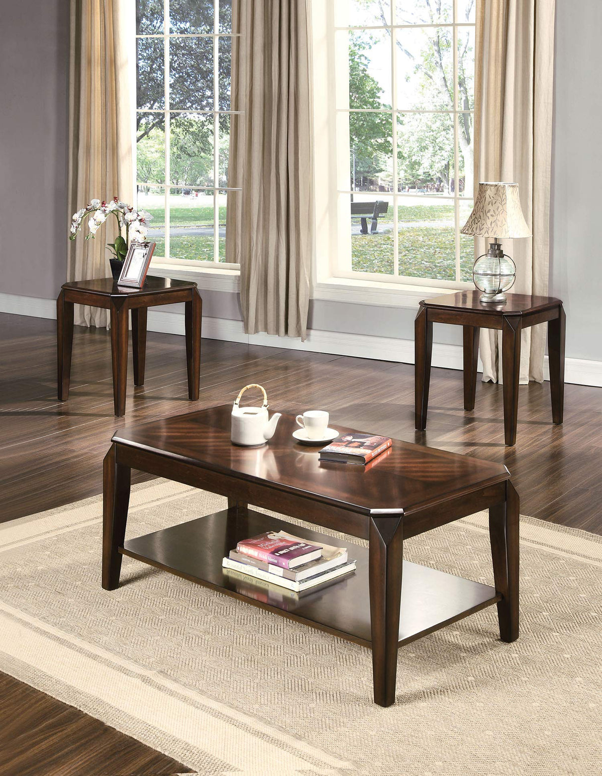 Set of 3 23" Solid Wood Brown Coffee Table with Shelf and End Tables