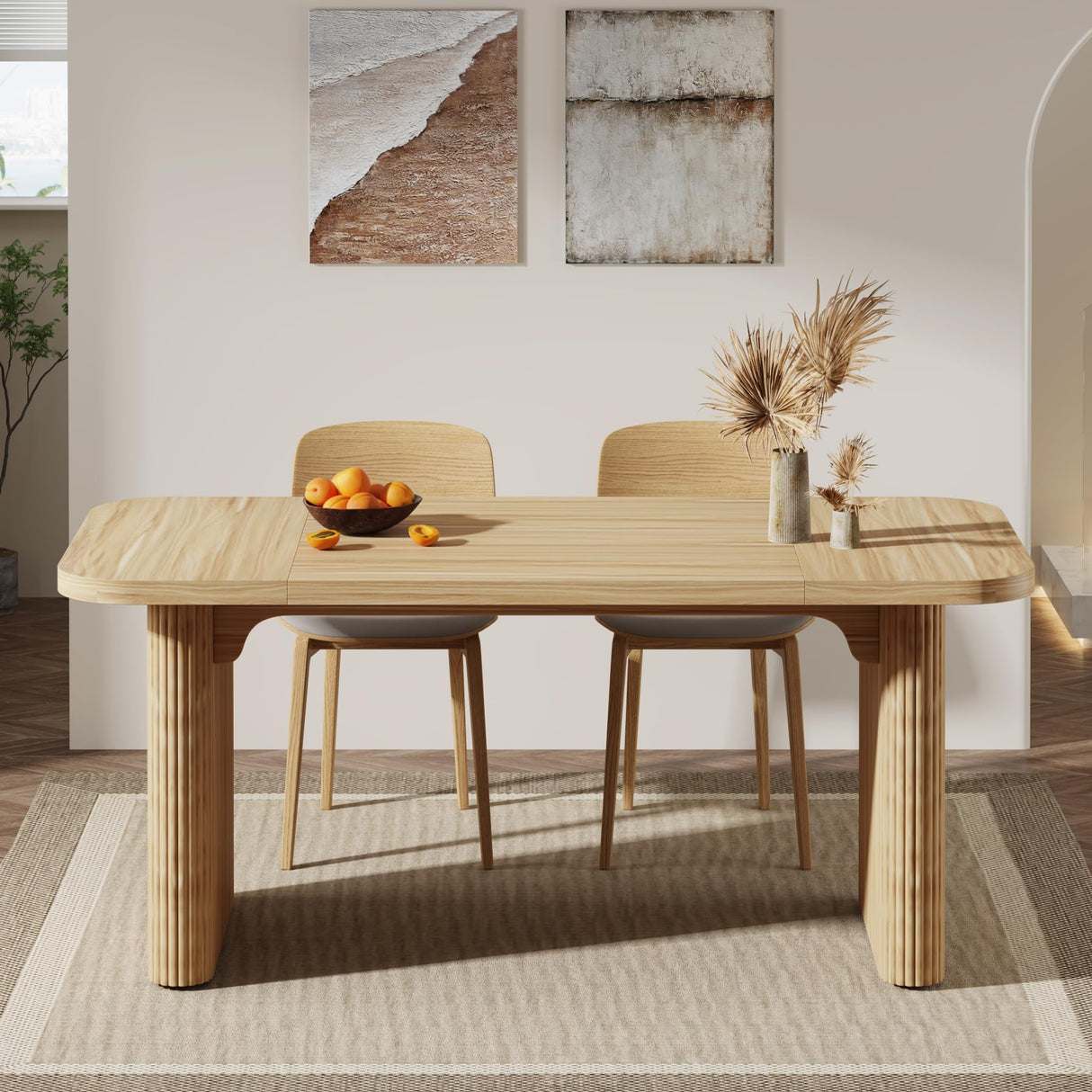 Dining Table for 4-6, Rectangular Wood Kitchen Table with Double Pedestal