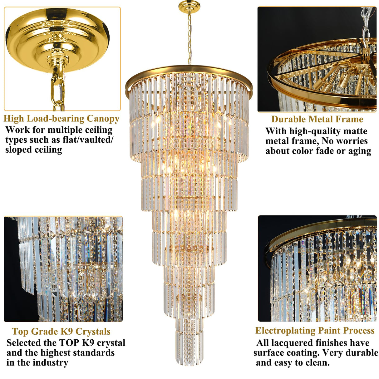 Large Long Crystal Chandelier for High Ceiling, 37-Lights Modern Gold Big Foyer Entrance Crystal