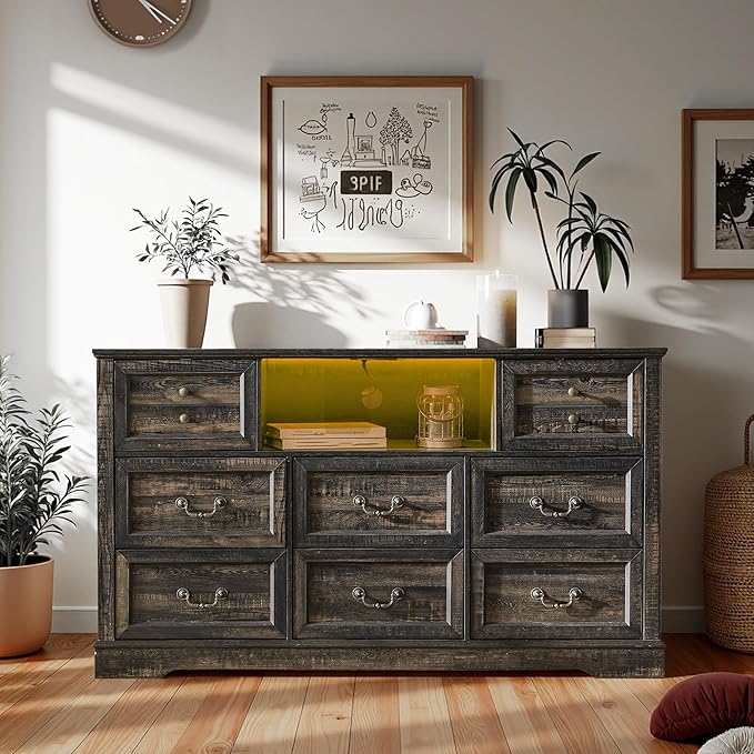 White Dresser for Bedroom with Charging Station & Led Lights