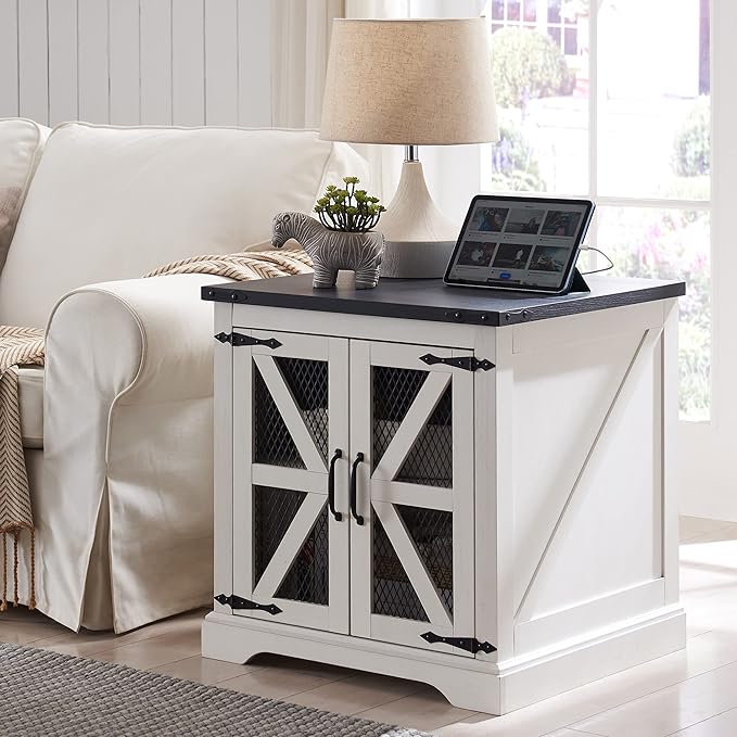 Farmhouse End Table, 24" Large Sofa Side Table with Charging Station, Mesh Barn Door