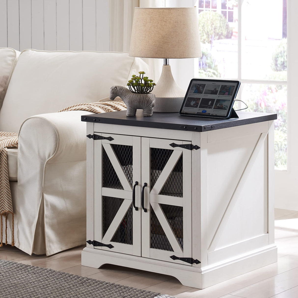 Farmhouse End Table, 24" Large Sofa Side Table with Charging Station