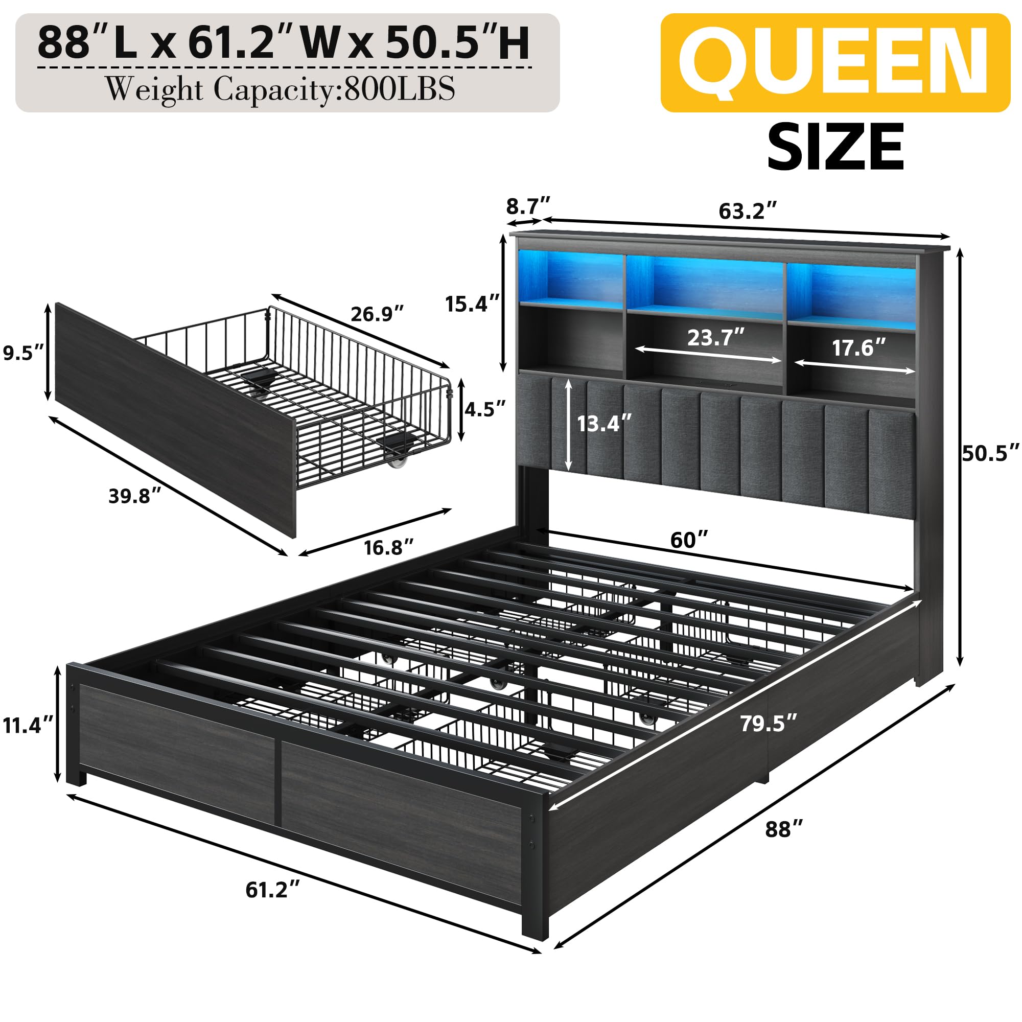 Lifezone Queen Bed Frame with Headboard, Queen Bed Frame with High Storage Bookcase Headboard,4 Storage Drawers & Charging Station & LED,No Box Spring Needed/Noise Free/All-Metal Support,Rustic Grey