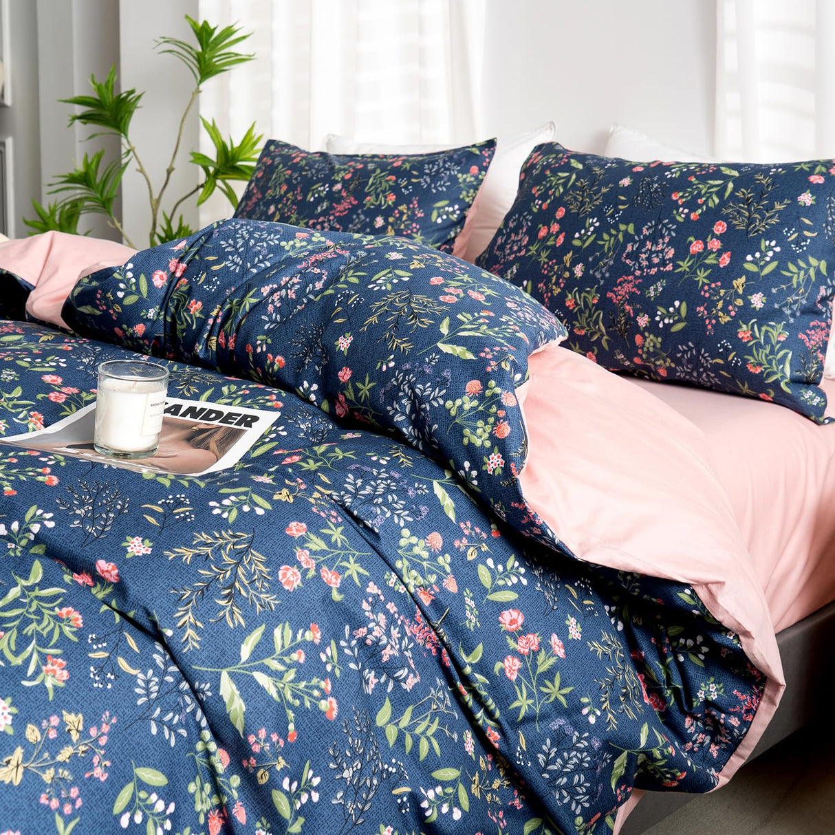 Floral Queen Comforter Set 3 Pieces Soft Cotton Chic Garden Style Floral Print Lightweight Vintage Botanical