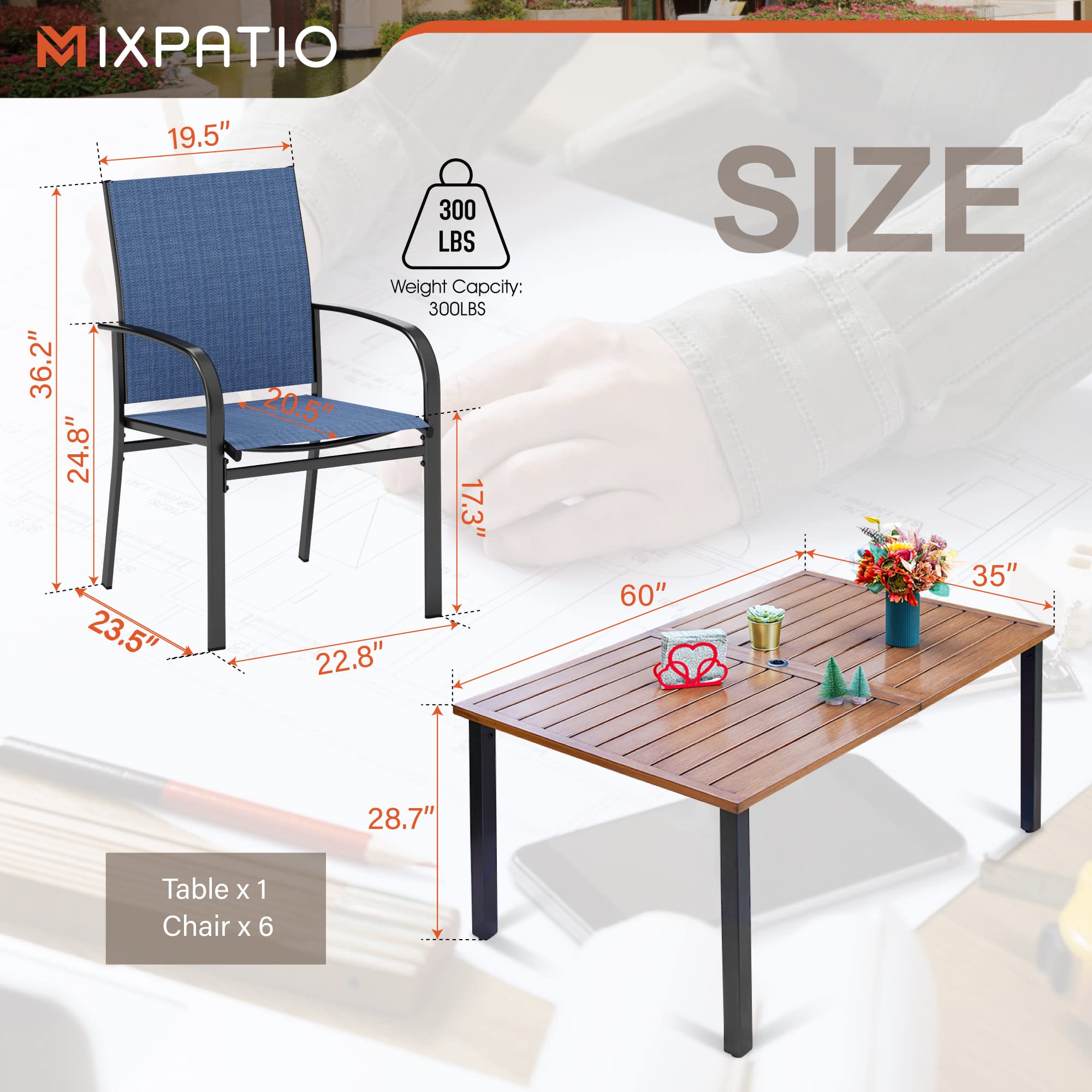 7-Piece Outdoor Dining Set 6 Blue Textilene Chairs