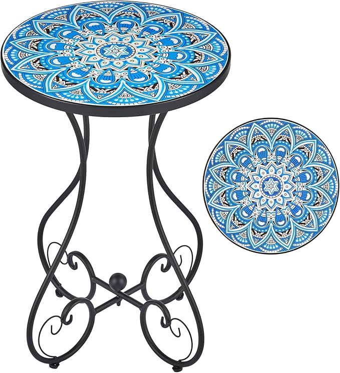 Outdoor Side Table and Mosaic Plant Stand, 21" Round End Table with 14" Ceramic Tile Top