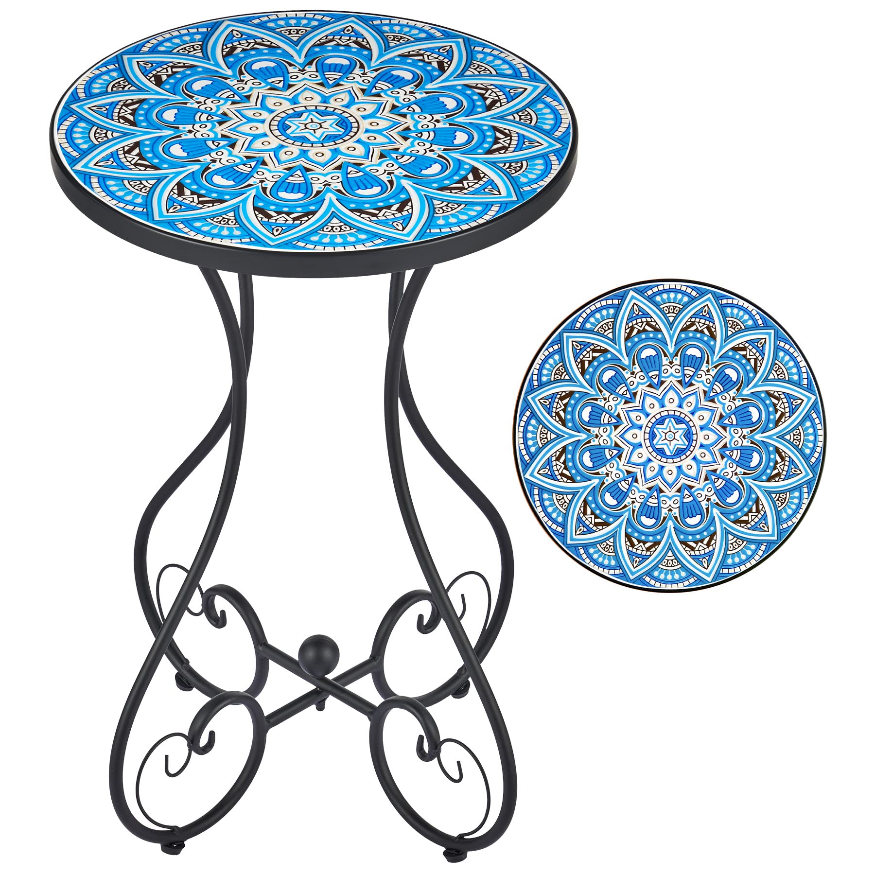 Outdoor Side Table and Mosaic Plant Stand, 21" Round End Table